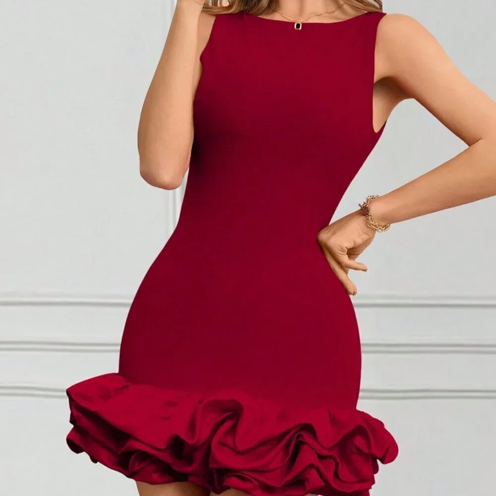 Burgundy Casual Women's Crew Neck Sleeveless Ruffled Hem Elegant Mini Dress